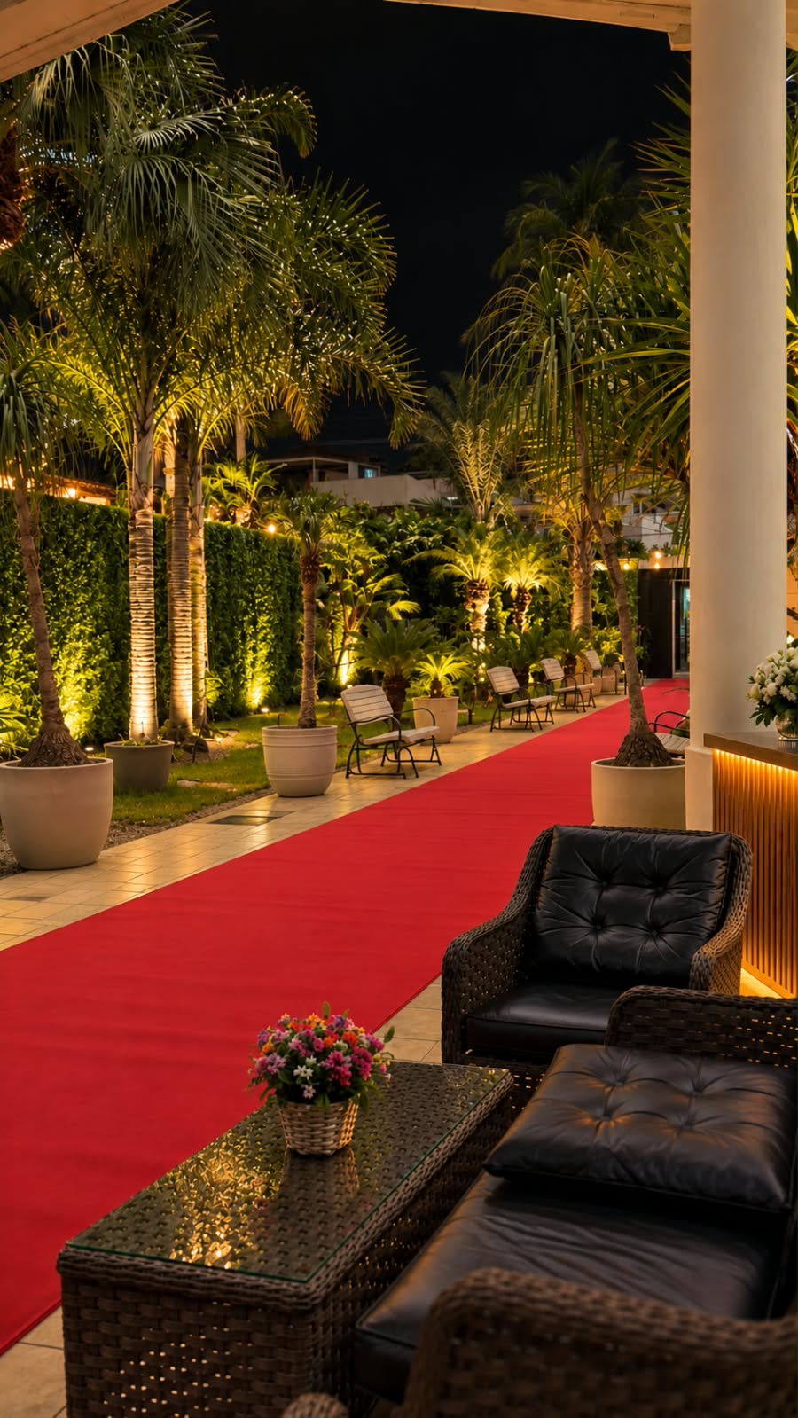 Jardim da Casa de Festas Lofty King iluminado à noite, com passarela para eventos